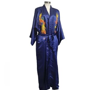 Hand Embroidered Golden Dragon Silk Kimono Sleeves Blue Robe Size M